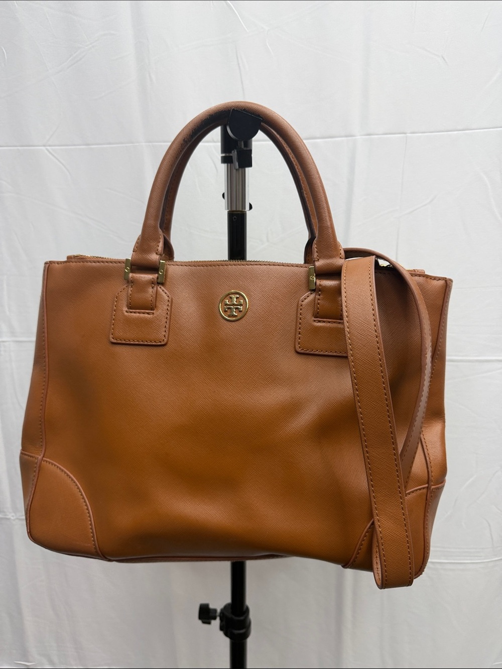 Tory Burch Cognac Leather Shoulder Tote with Gold Logo
